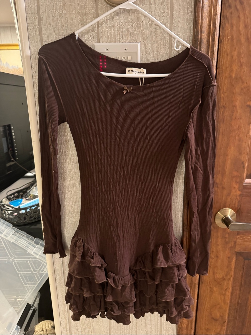 My mum made it Brown Ruffle-Hem Long Mini Dress size Medium